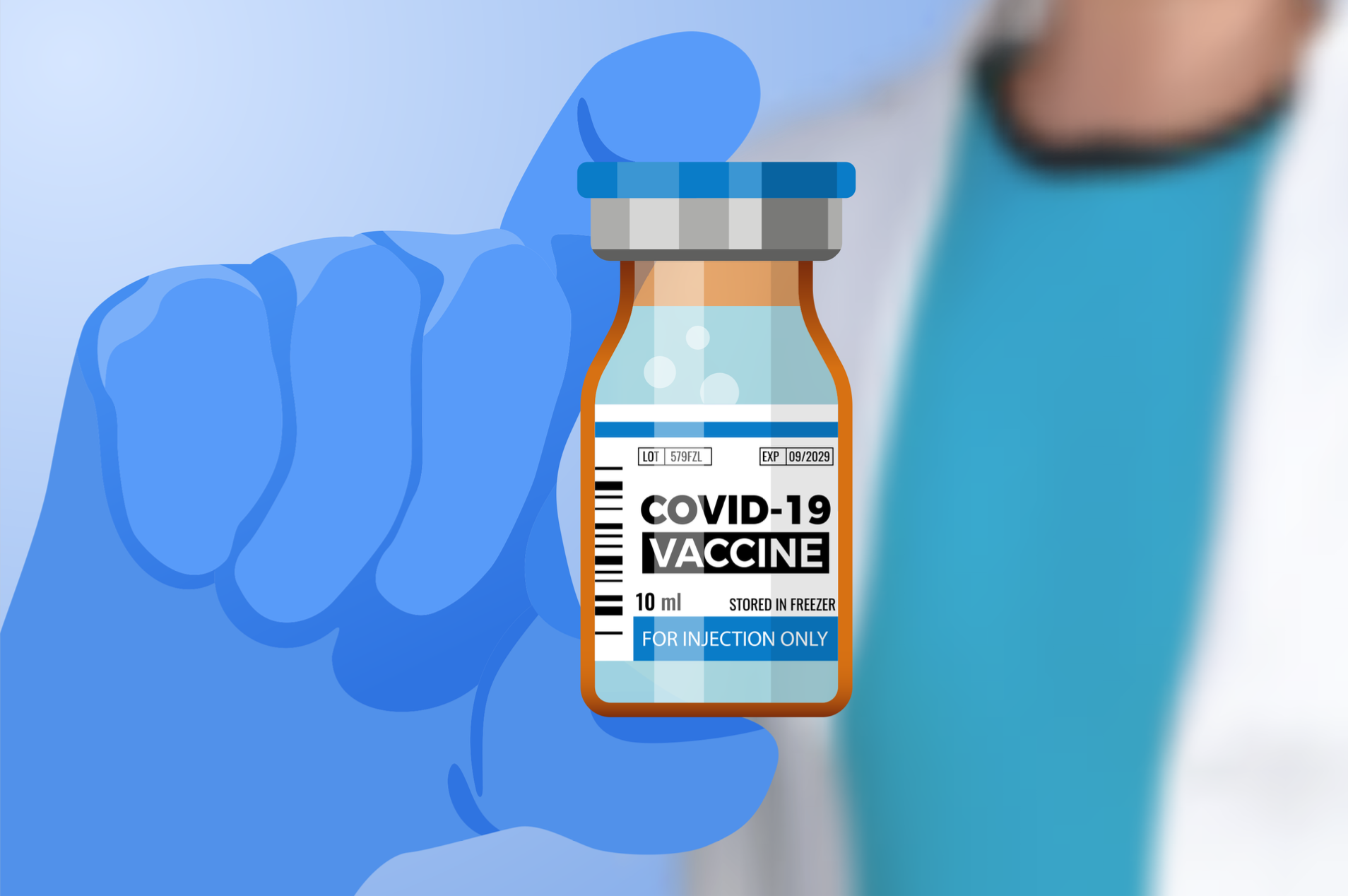 Developed Covid-19 vaccine in doctor hand. Medical bottle with coronavirus vaccine. Treatment for coronavirus covid-19. Vector illustration