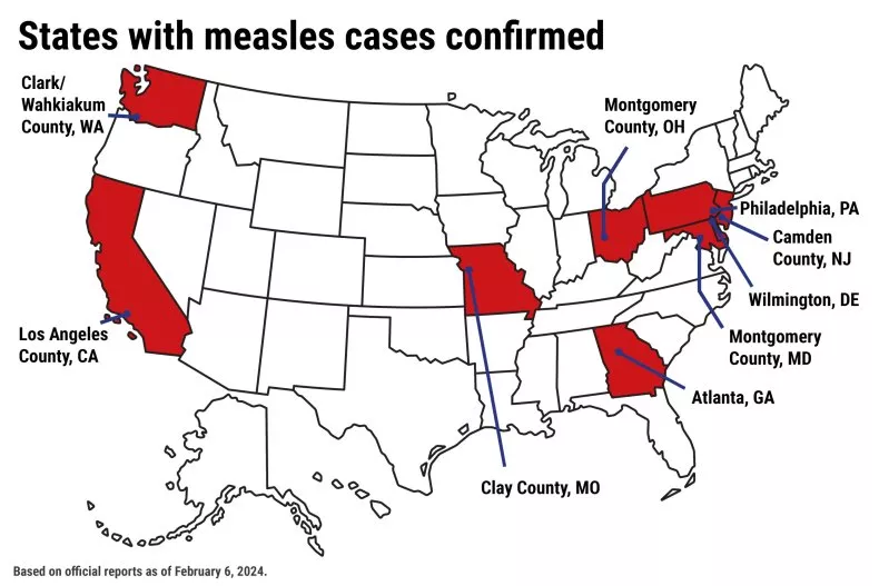 A map of U.S. states showing those (in red) that have had cases of measles recorded by health officials this year as of February 6, 2024, and the locations of the cases. Health officials are attempting to prevent the spread of the disease