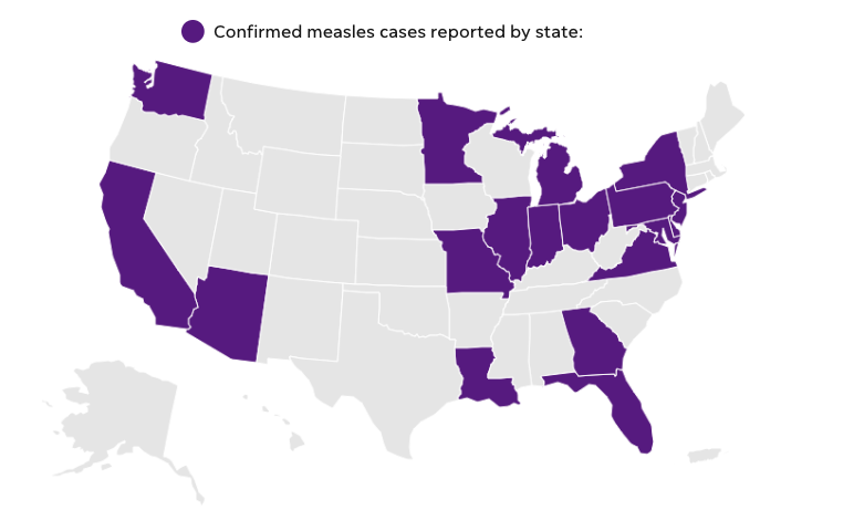 Map of Measles Cases by State, as of March 7, 2024
